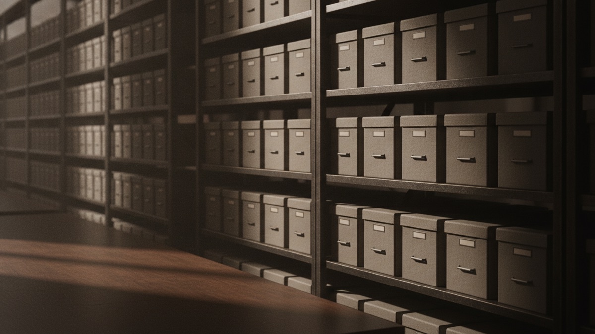 Rows of gray file boxes on metal shelving in a storage room, receding into shadow