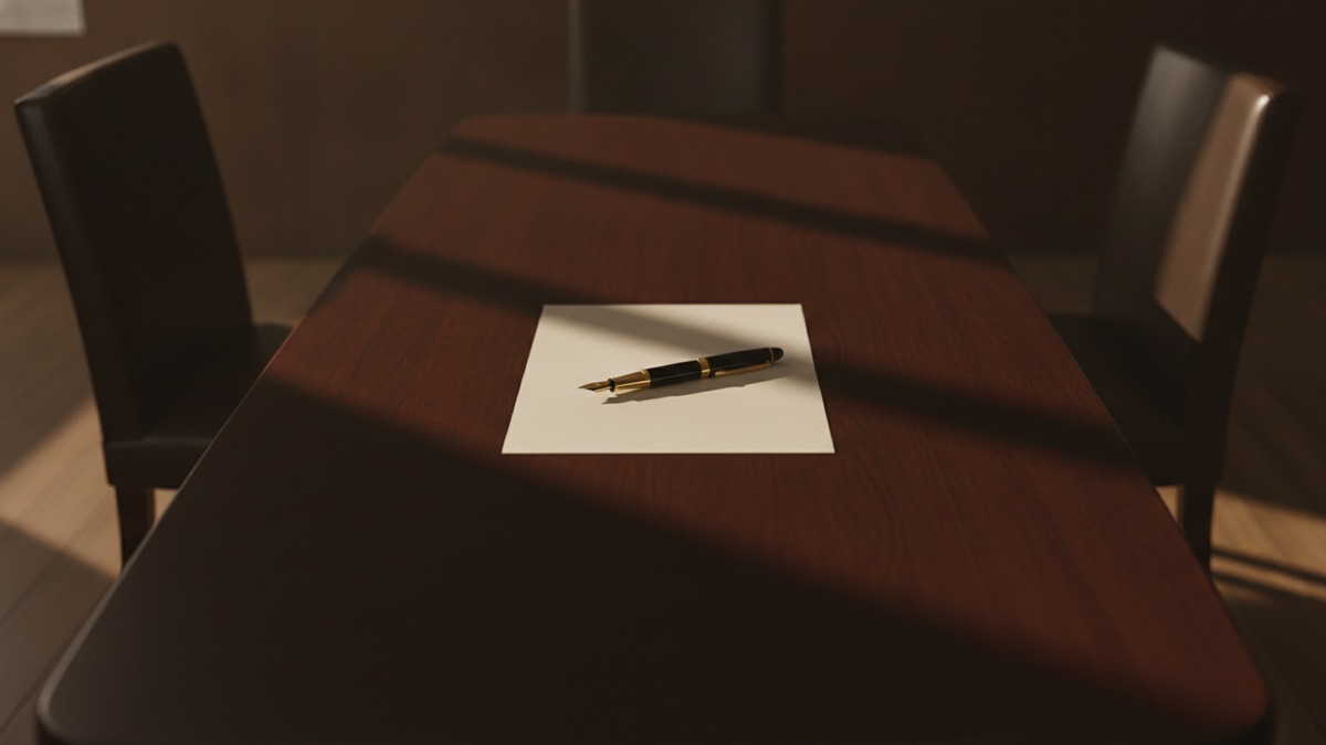 A fountain pen resting on an unsigned document beside two empty chairs at a conference table