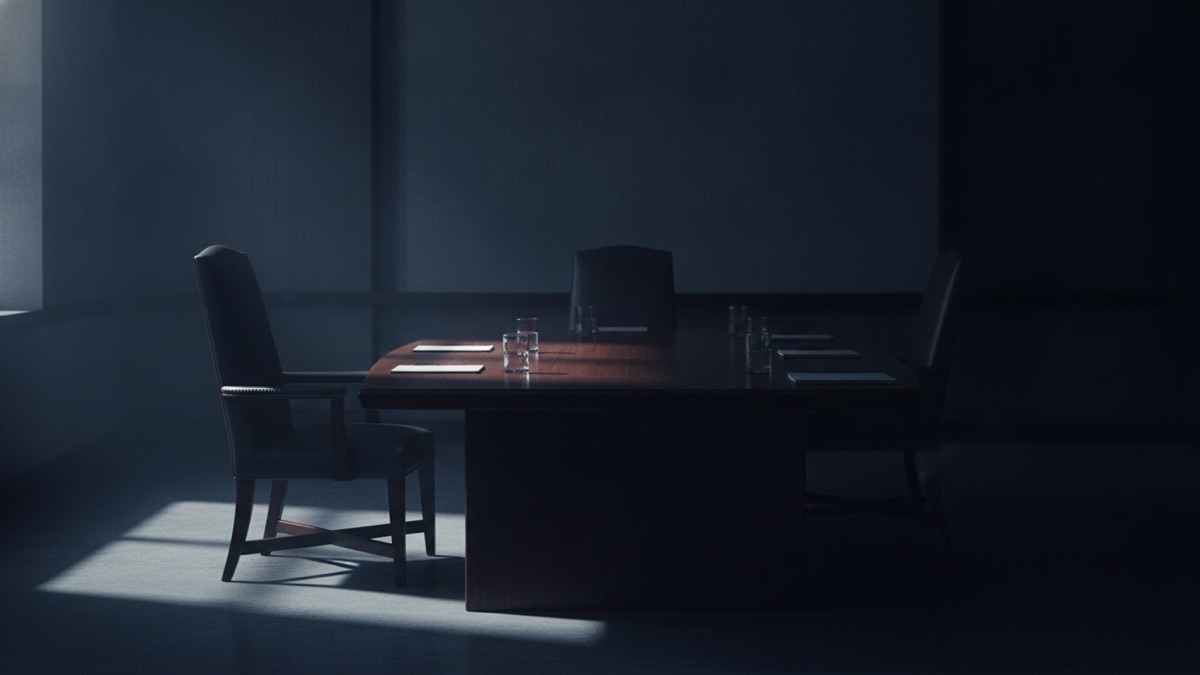 An empty chair on one side of a long conference table set for a client meeting