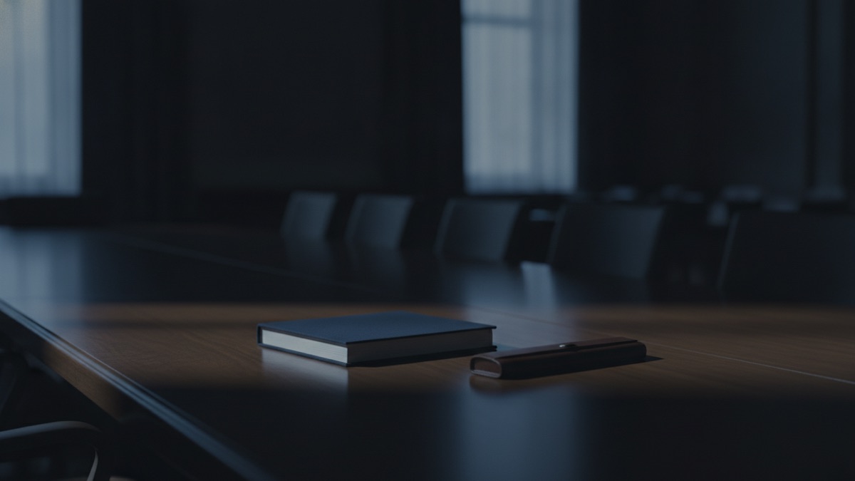 A bound policy document on a boardroom table beside an unopened pen case