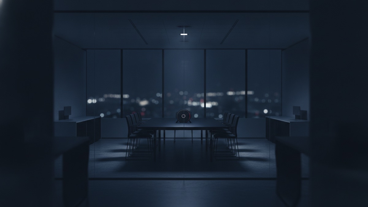 An empty glass-walled meeting room at night with a conference phone on the table