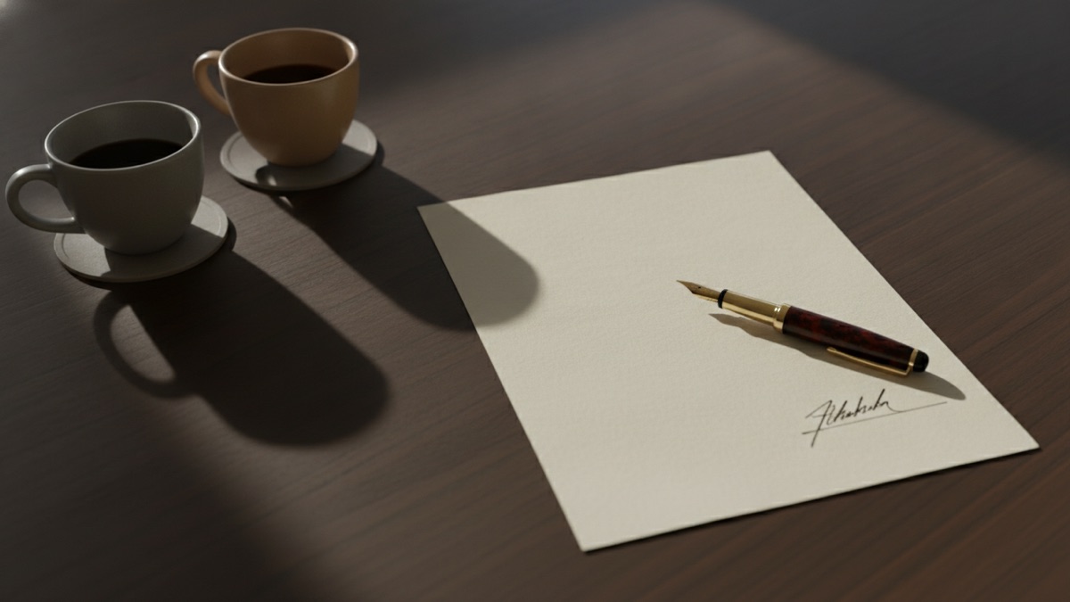 A signed engagement letter and a fountain pen resting on a conference table beside two coffee cups, photographed from above in daylight