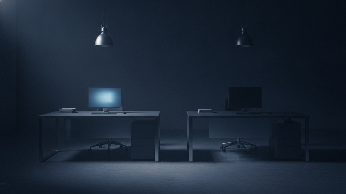 Two identical desks side by side, one with a monitor on and one with it dark