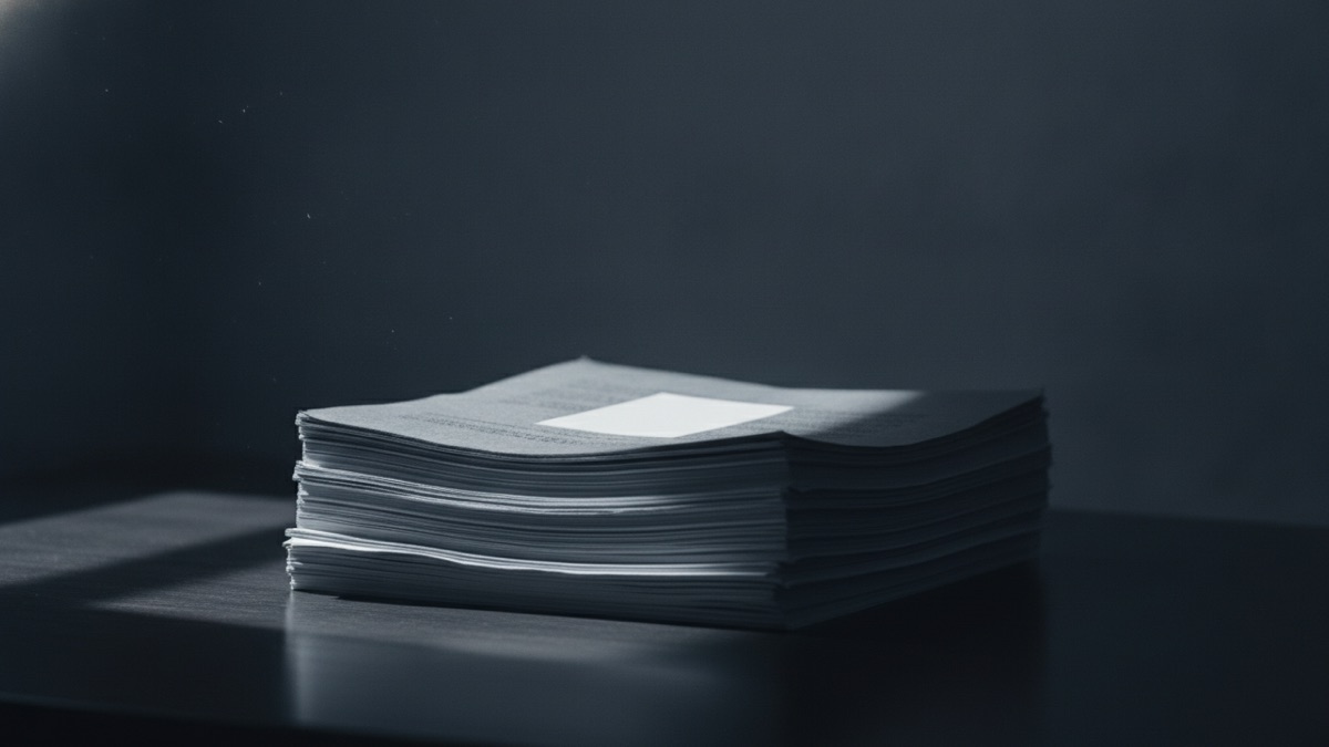 A printed legal pleading on a desk with one block of the page conspicuously blank