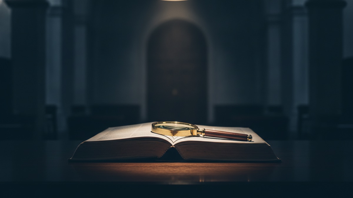 An open case reporter with a magnifying glass resting across the page