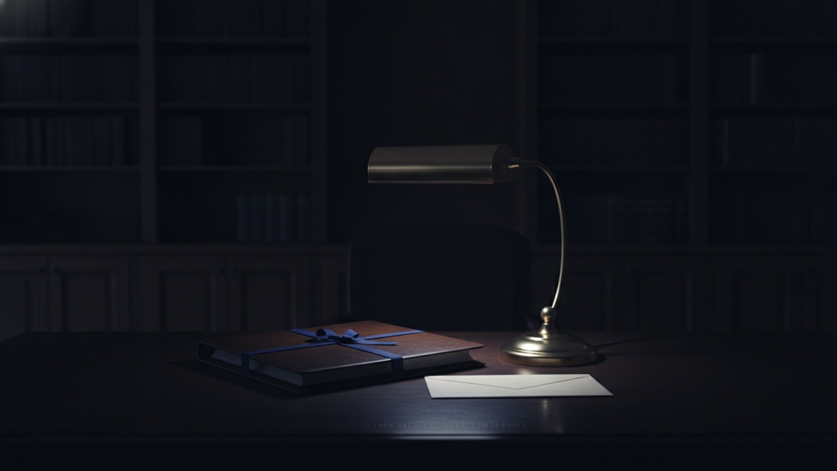 A closed leather document portfolio tied with a ribbon beside a sealed envelope, under a desk lamp in a dark law office