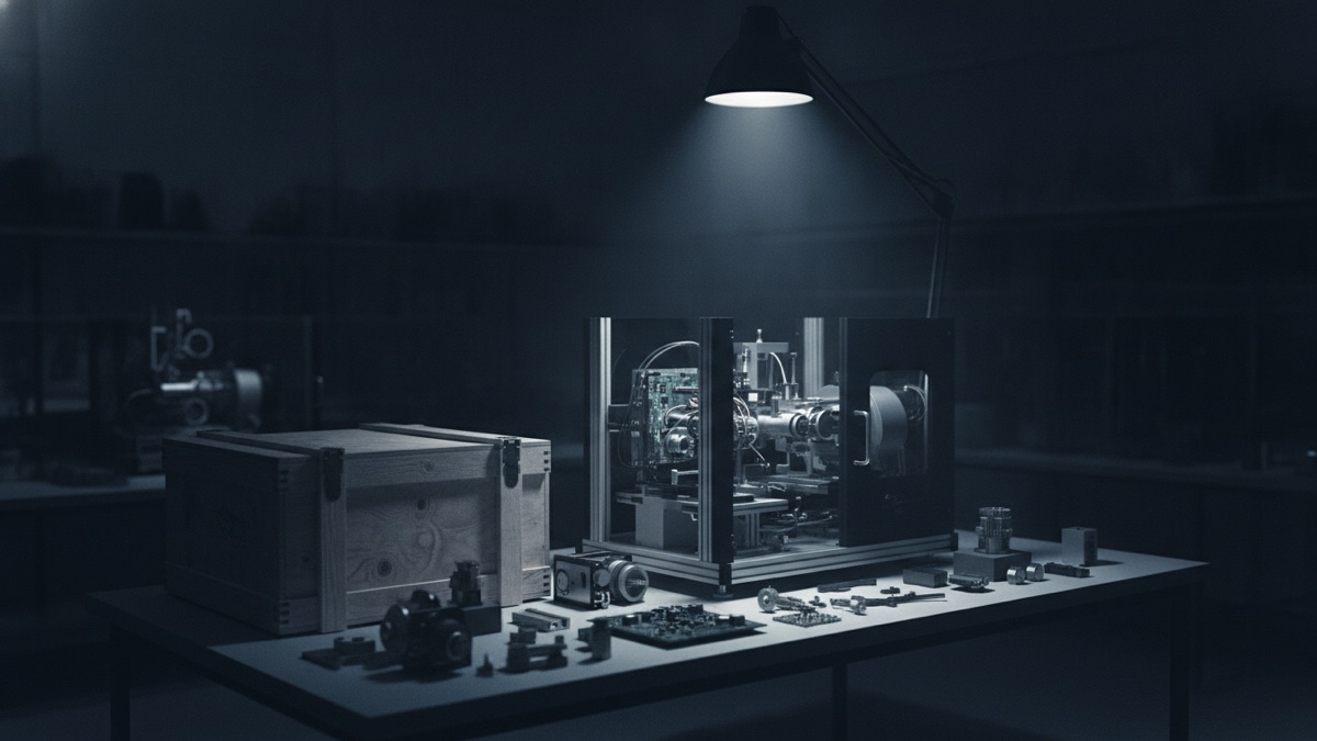 A partly assembled machine on a workbench beside a sealed manufacturer’s crate