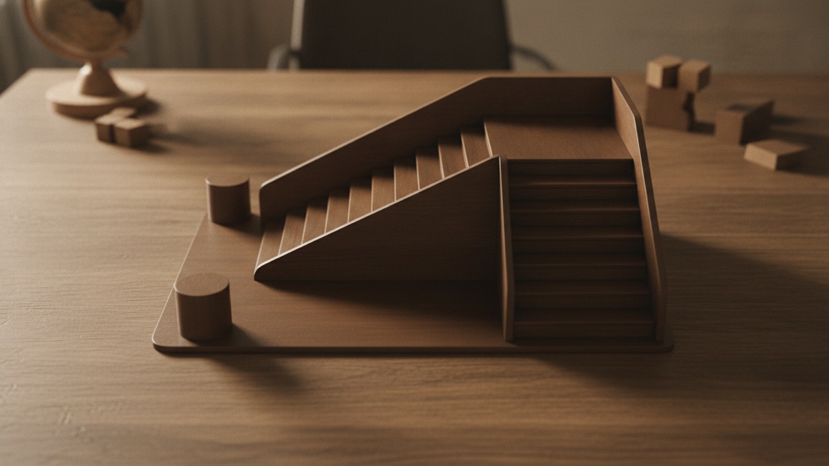 A wide staircase in an office lobby photographed from above with most of the lower steps empty