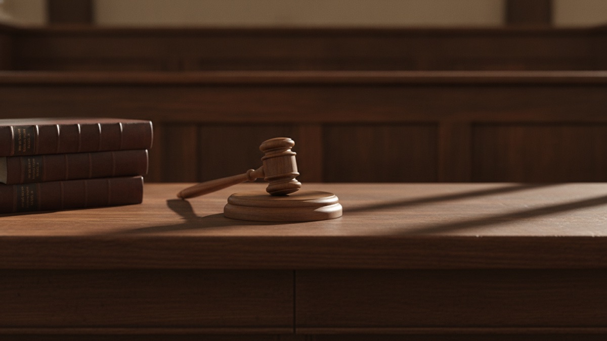 An empty wooden courtroom bench and gavel block photographed from the well of the court, with bound reporters stacked to one side