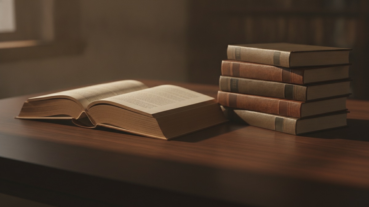 An open case reporter on a library table beside a stack of closed volumes, lit from a window