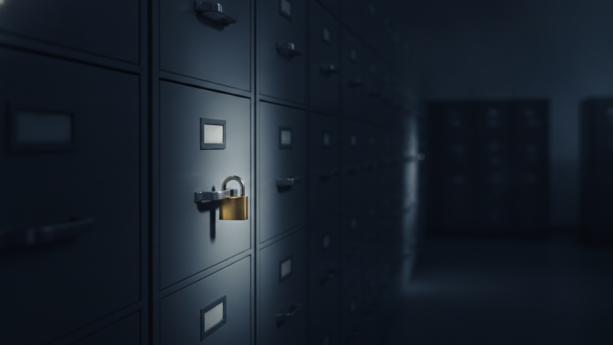 A row of identical filing cabinets with one drawer secured by a separate lock