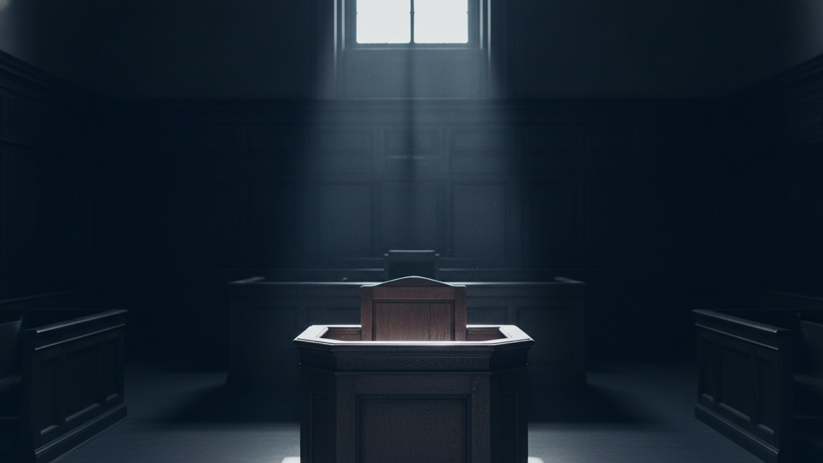 An empty witness stand in a courtroom lit from a high window